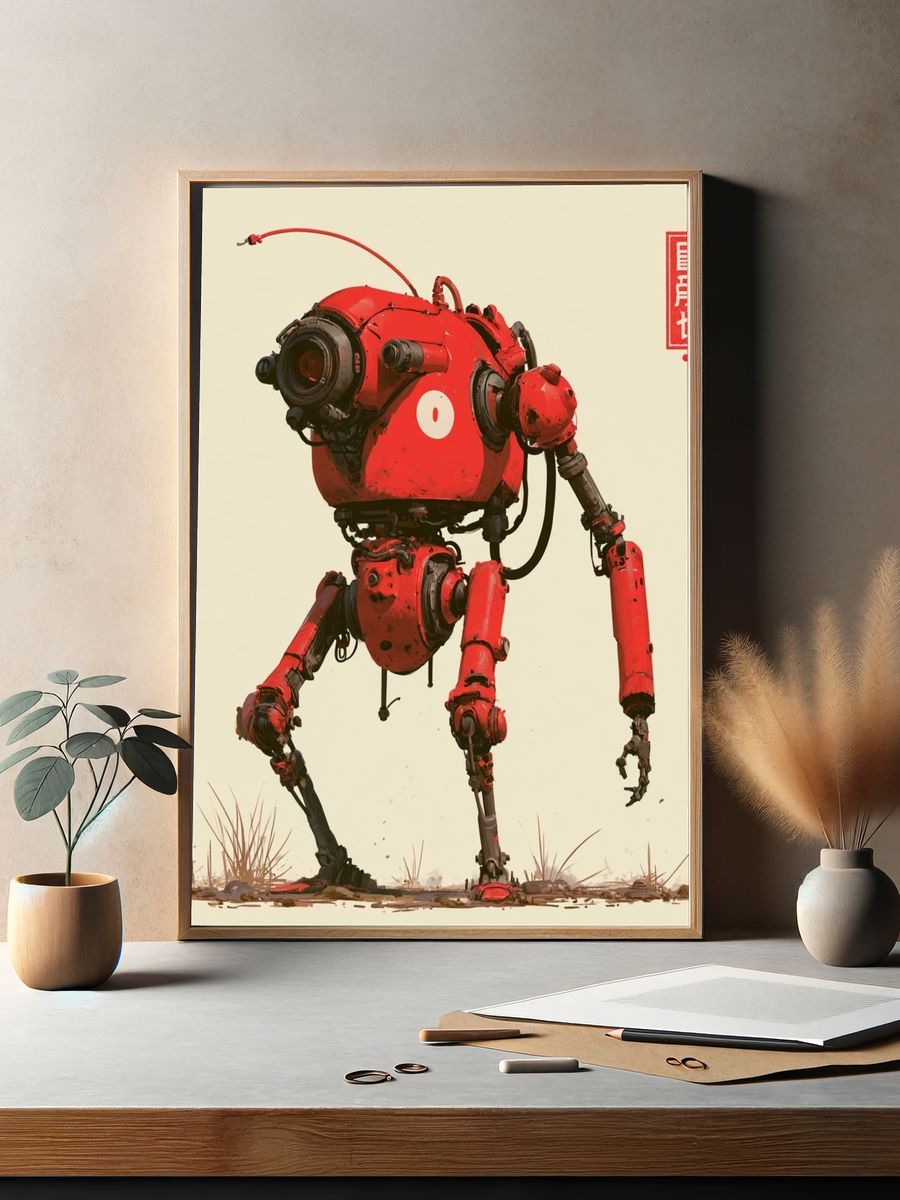 Red Mech Robot Digital Art Poster. — room view 2