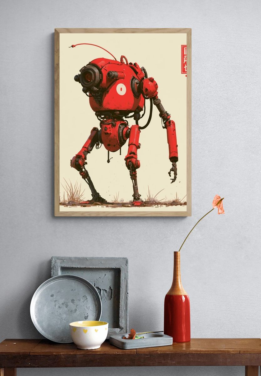 Red Mech Robot Digital Art Poster. — room view 3