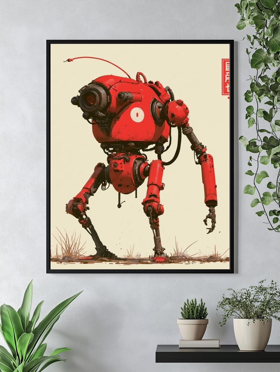 Red Mech Robot Digital Art Poster. — room view 4