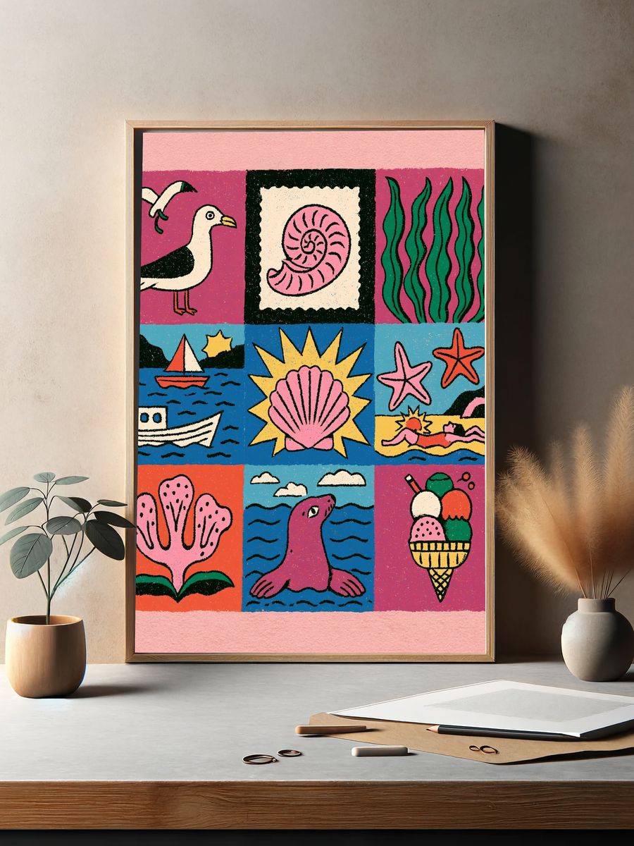 Seaside Collage Illustration Poster. — room view 2