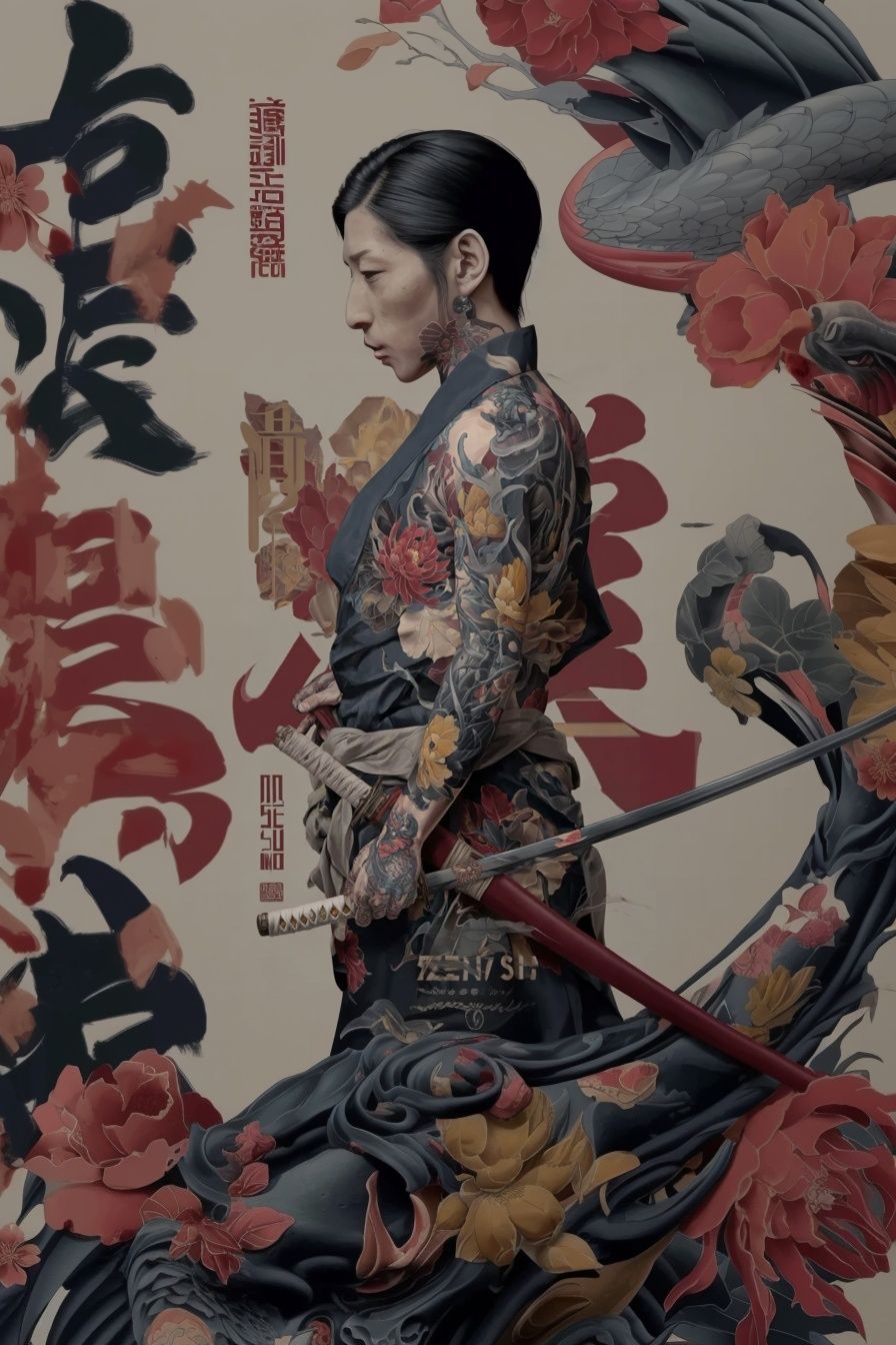 Samurai Geisha Floral Illustration Poster. poster detail