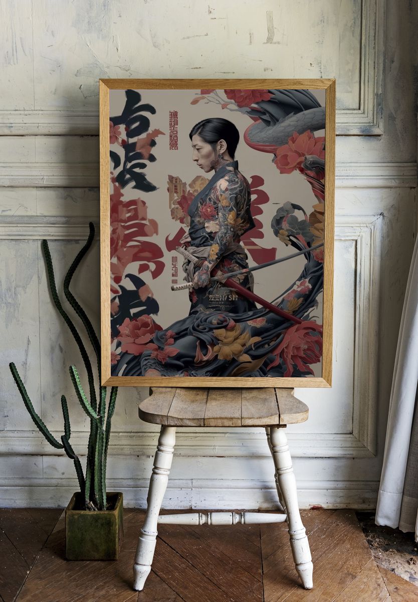 Samurai Geisha Floral Illustration Poster. room preview