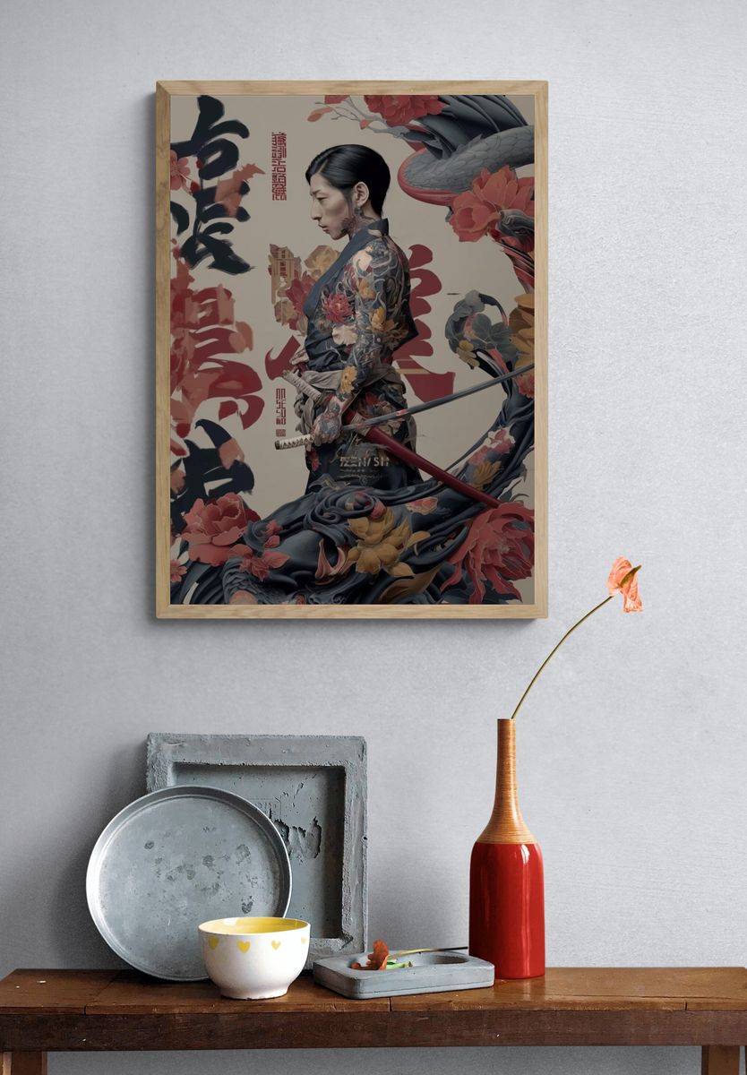 Samurai Geisha Floral Illustration Poster. — room view 3