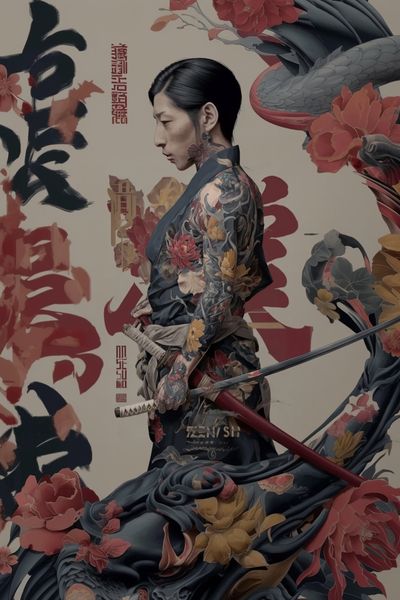 Samurai Geisha Floral Illustration Poster. poster print