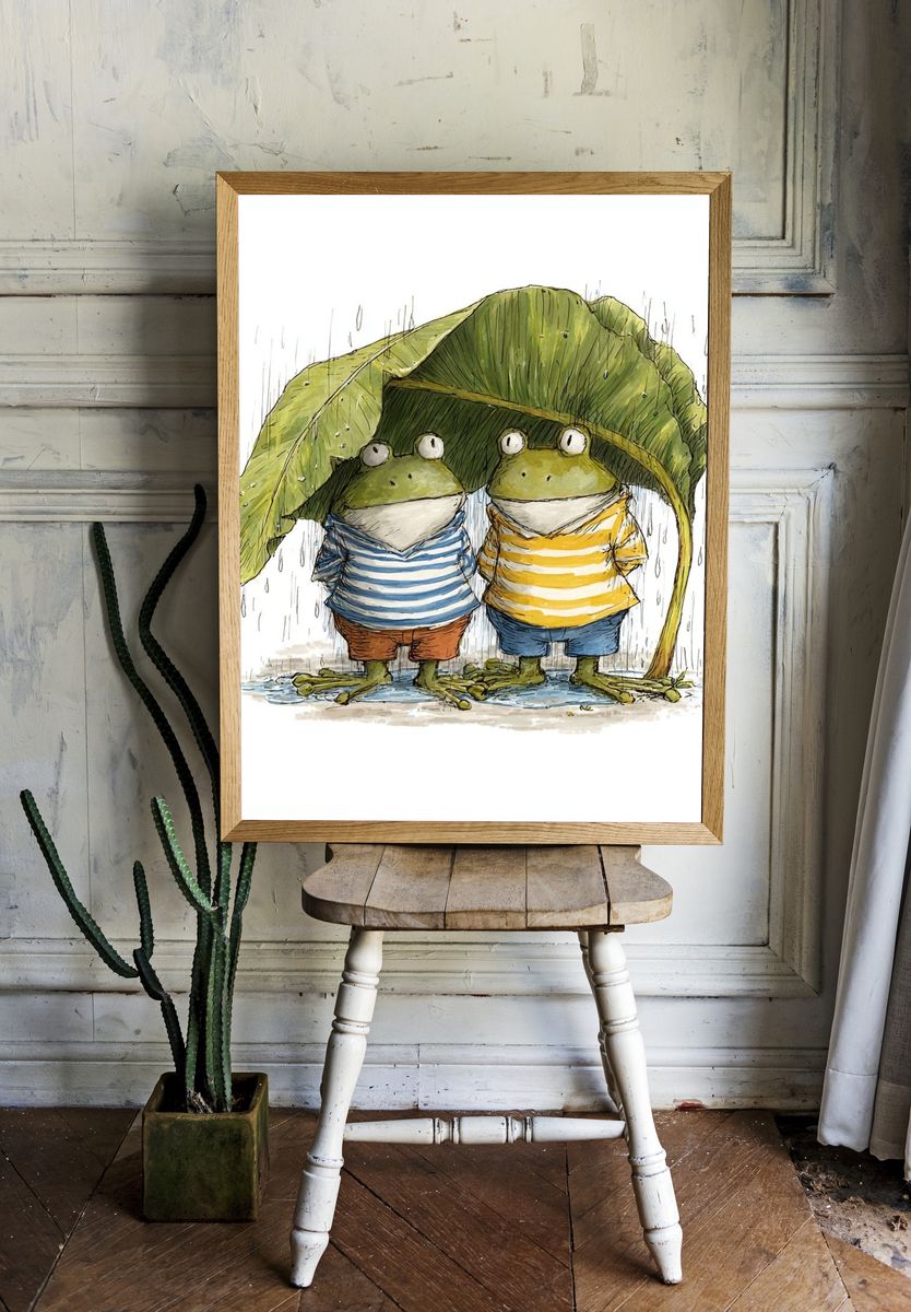 Rainy Frogs Illustration Poster. — room view 1