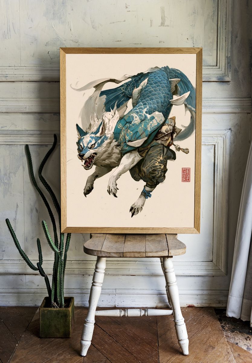 Blue Koi Wolf Illustration Poster. — room view 1