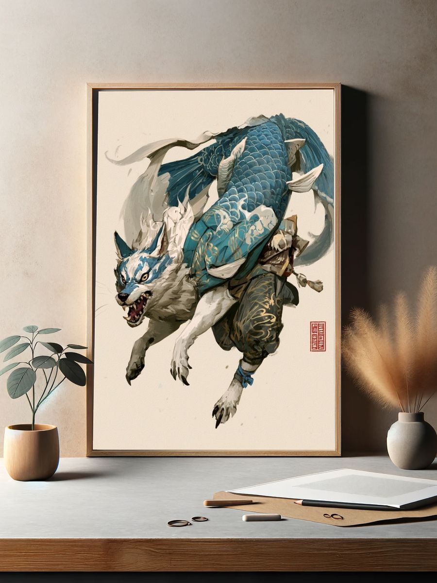Blue Koi Wolf Illustration Poster. — room view 2