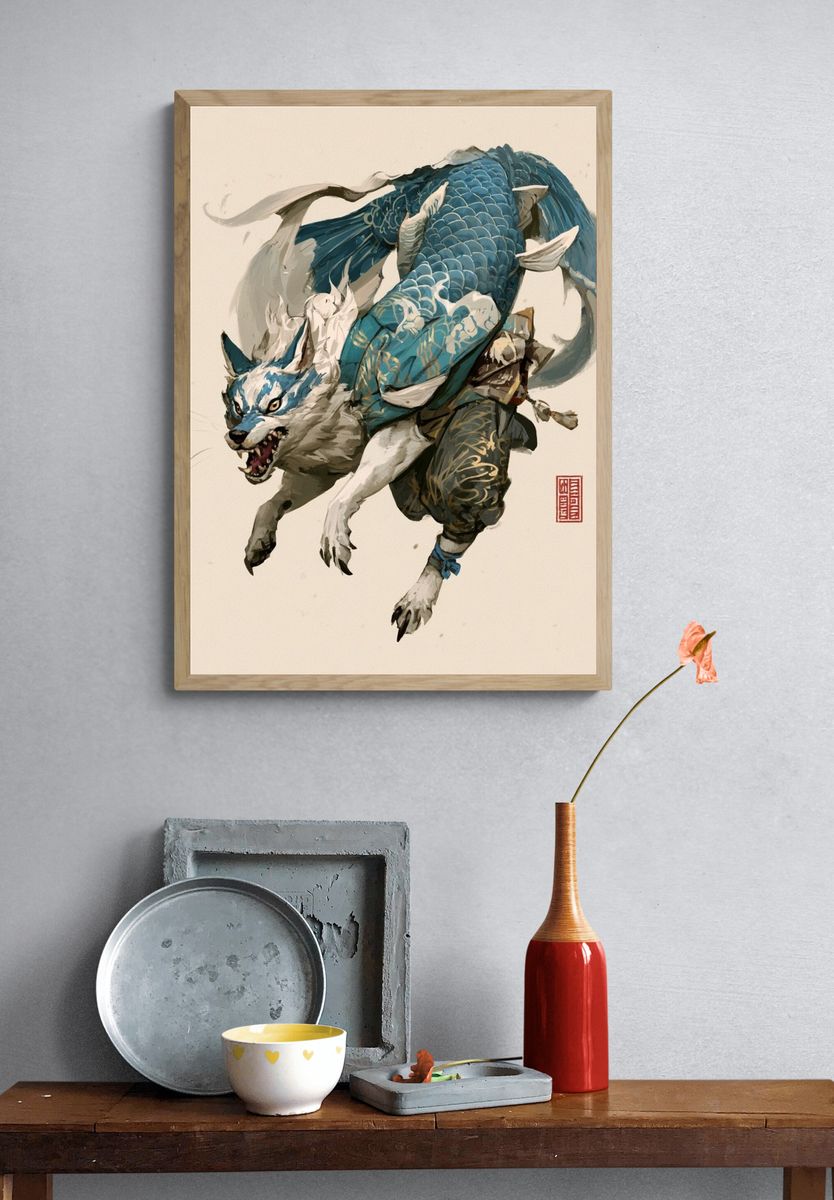 Blue Koi Wolf Illustration Poster. — room view 3