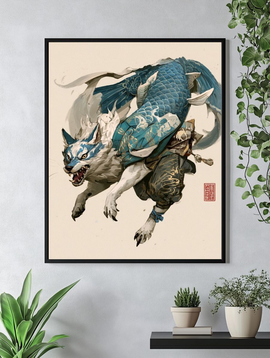 Blue Koi Wolf Illustration Poster. — room view 4