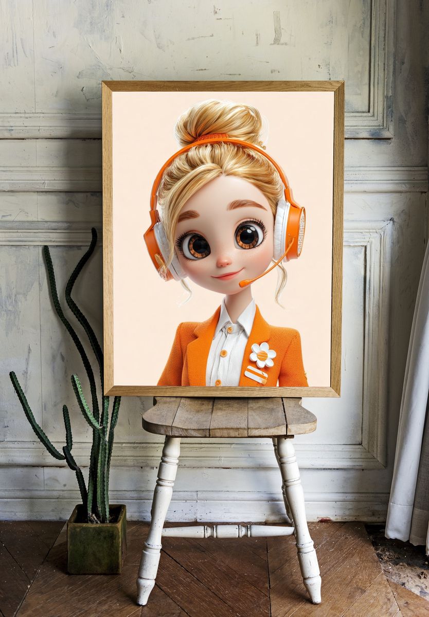 Orange Headset Girl Illustration Poster. — room view 1