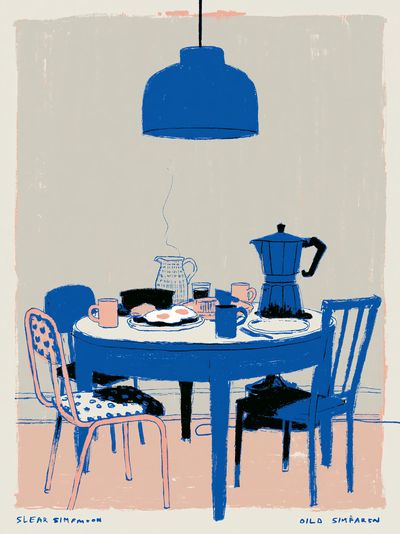 Blue Dining Table Illustration Poster.