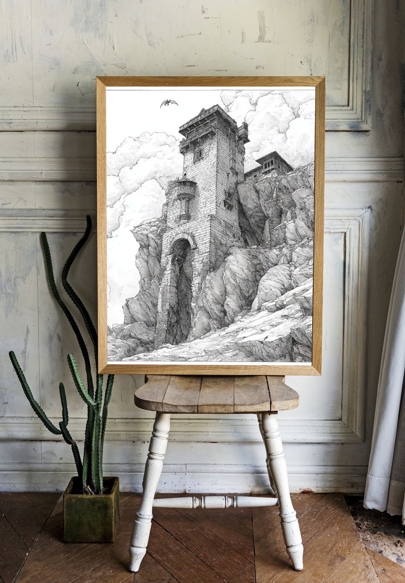 Mountain Fortress Ink Poster. room preview