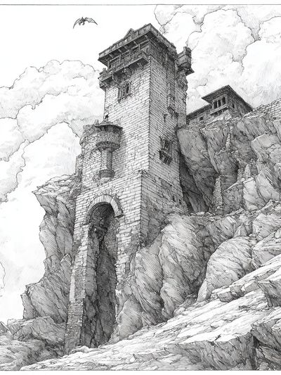 Mountain Fortress Ink Poster. poster