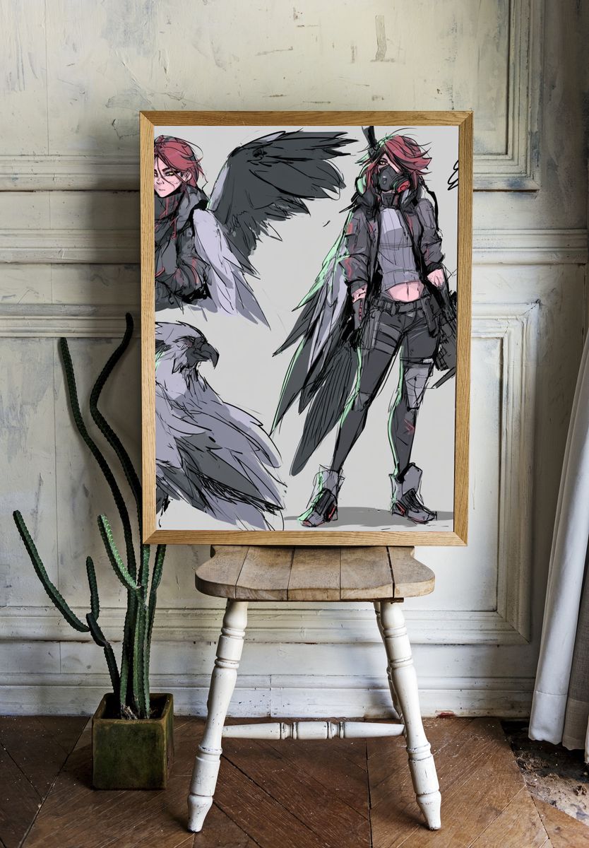 Cyberpunk Raven Girl Illustration Poster. room preview