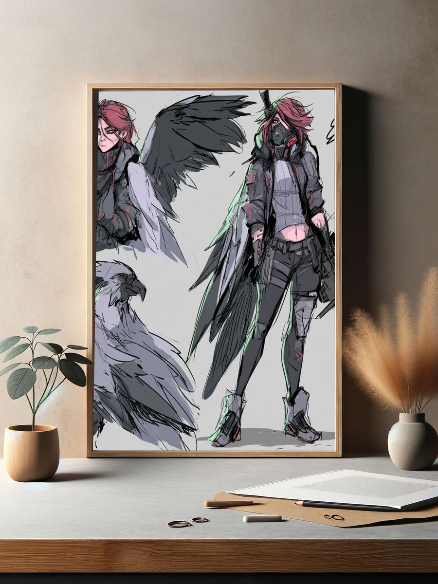 Cyberpunk Raven Girl Illustration Poster. — room view 2