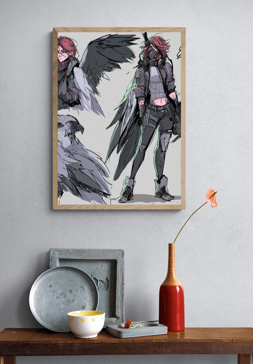 Cyberpunk Raven Girl Illustration Poster. — room view 3