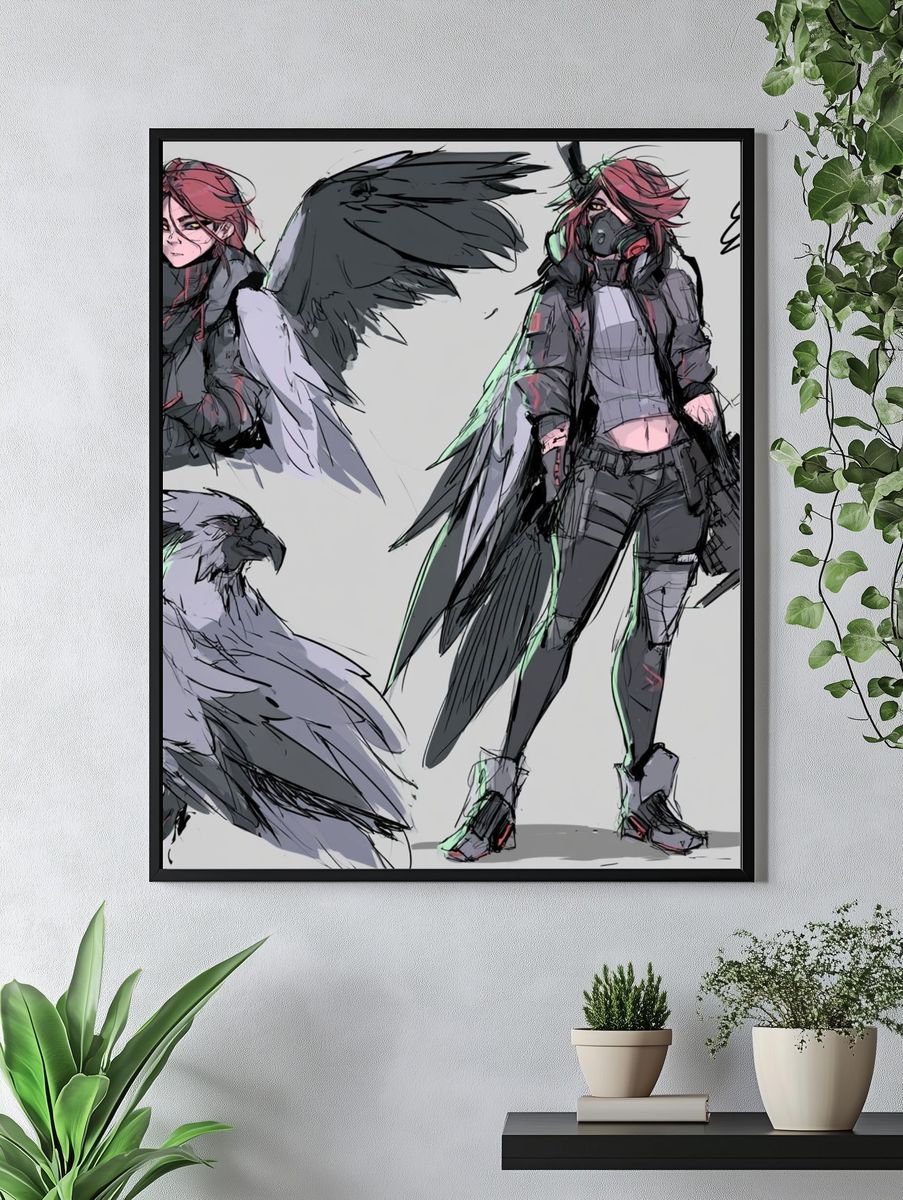 Cyberpunk Raven Girl Illustration Poster. — room view 4