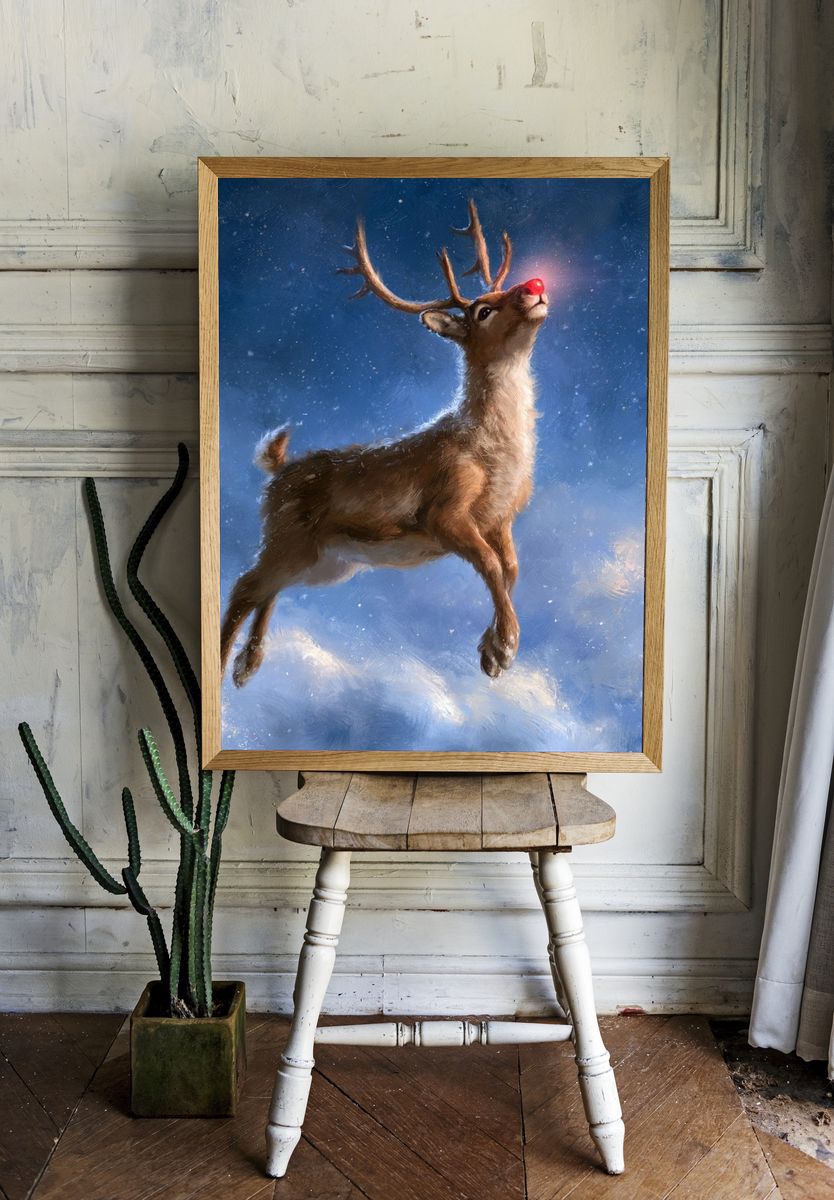 Flying Reindeer Digital Art Poster. room preview