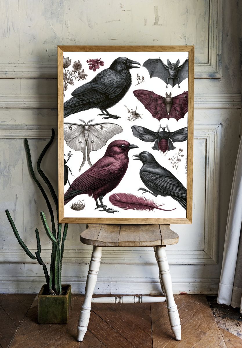 Ravens and Moths Illustration Poster. — room view 1