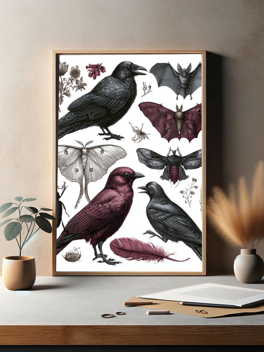 Ravens and Moths Illustration Poster. — room view 2