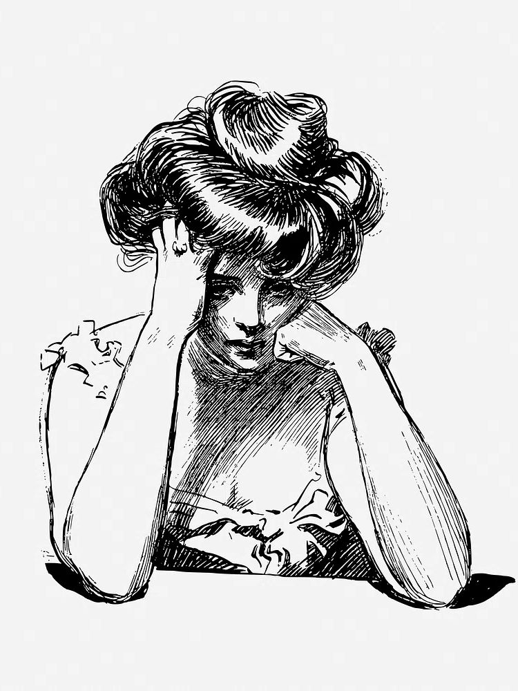Sad woman drawing, vintage illustration. poster detail