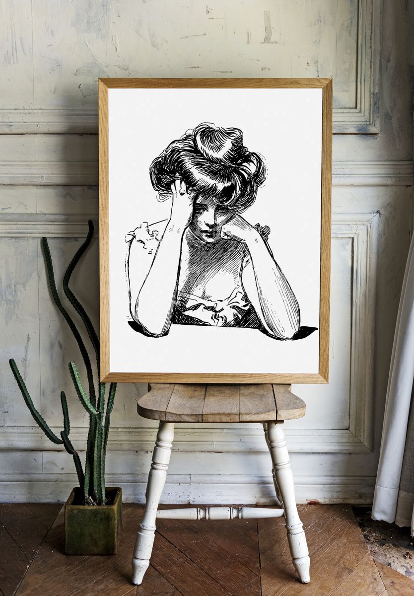 Sad woman drawing, vintage illustration. room preview