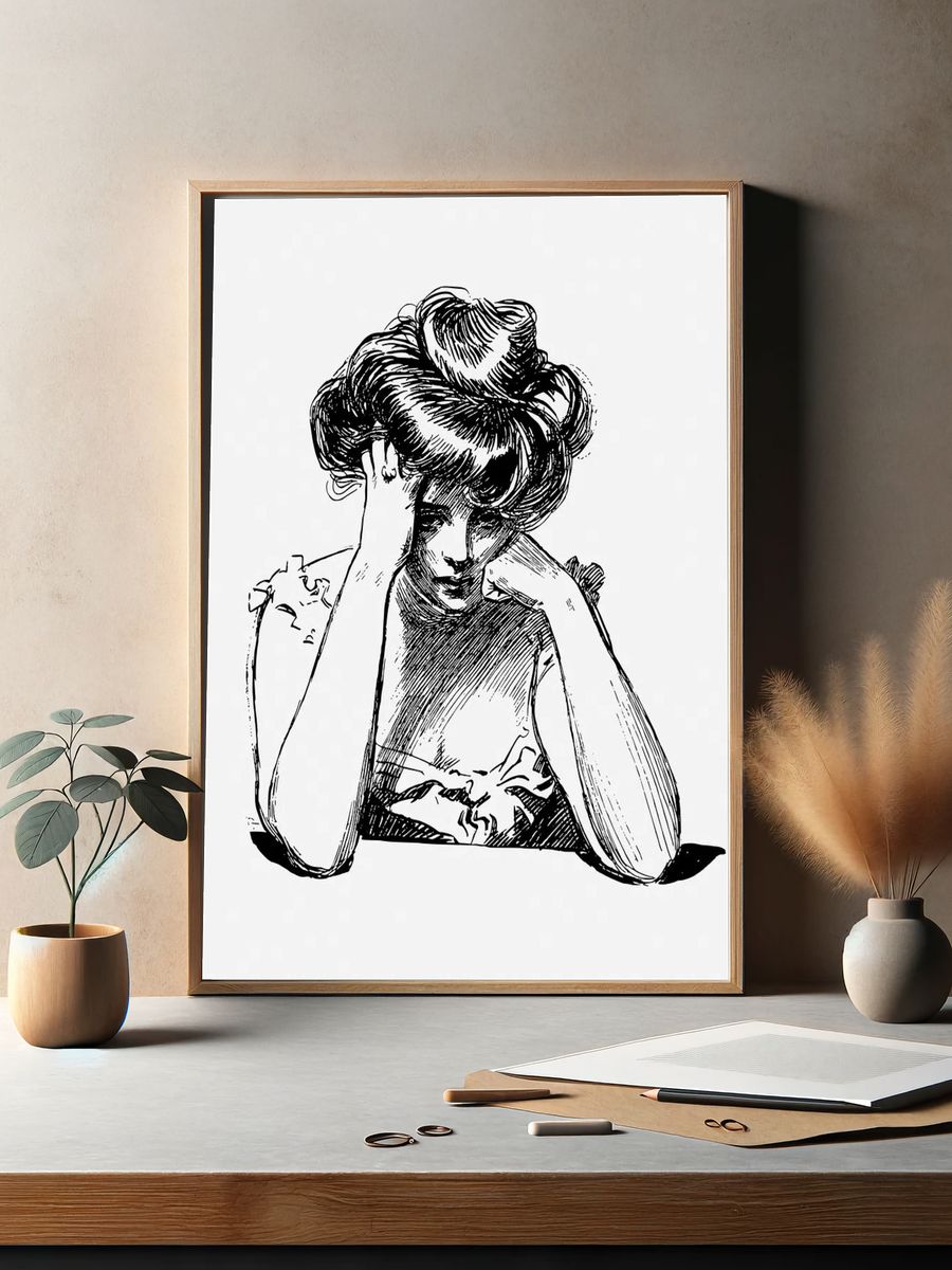 Sad woman drawing, vintage illustration. — room view 2