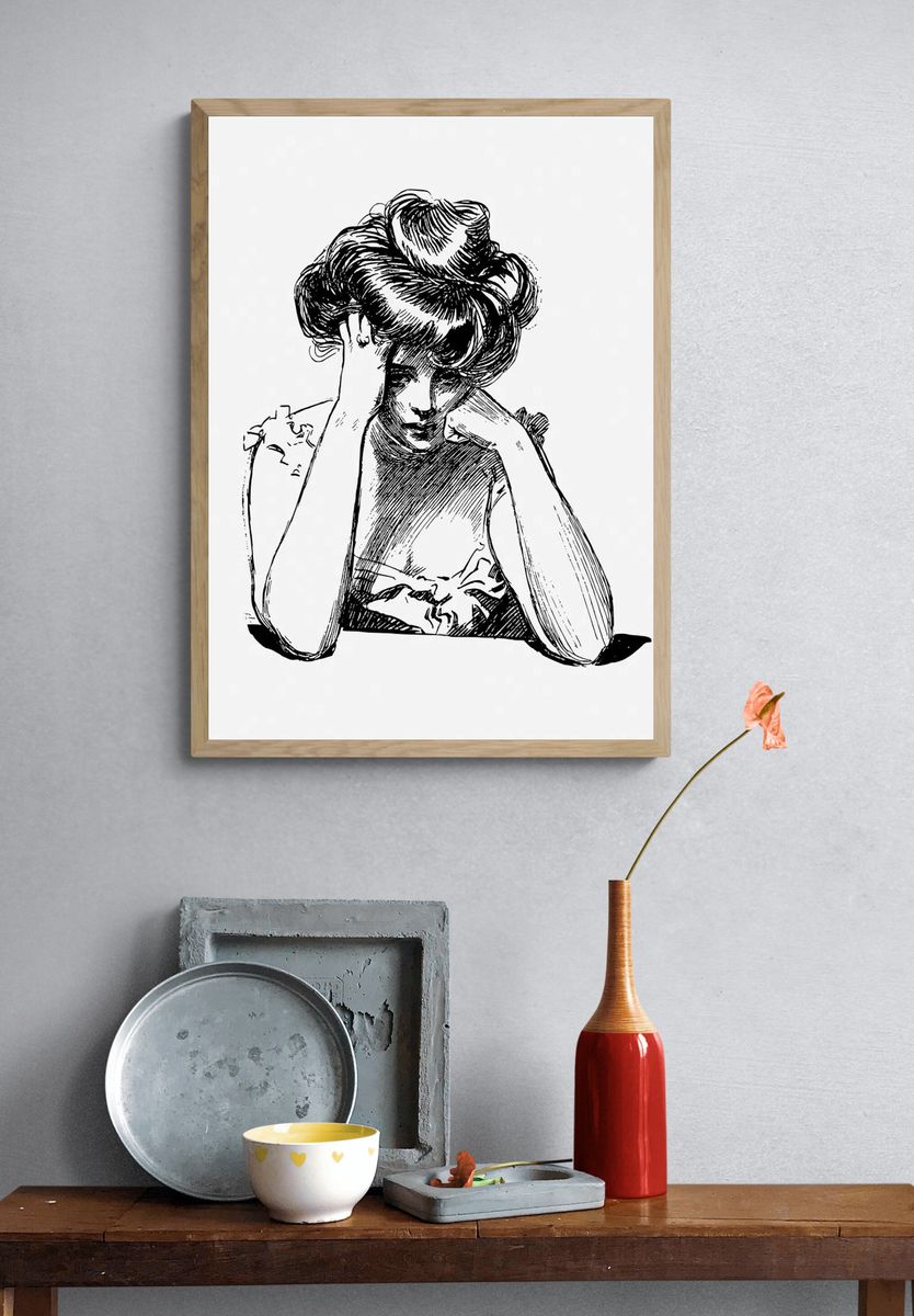 Sad woman drawing, vintage illustration. — room view 3