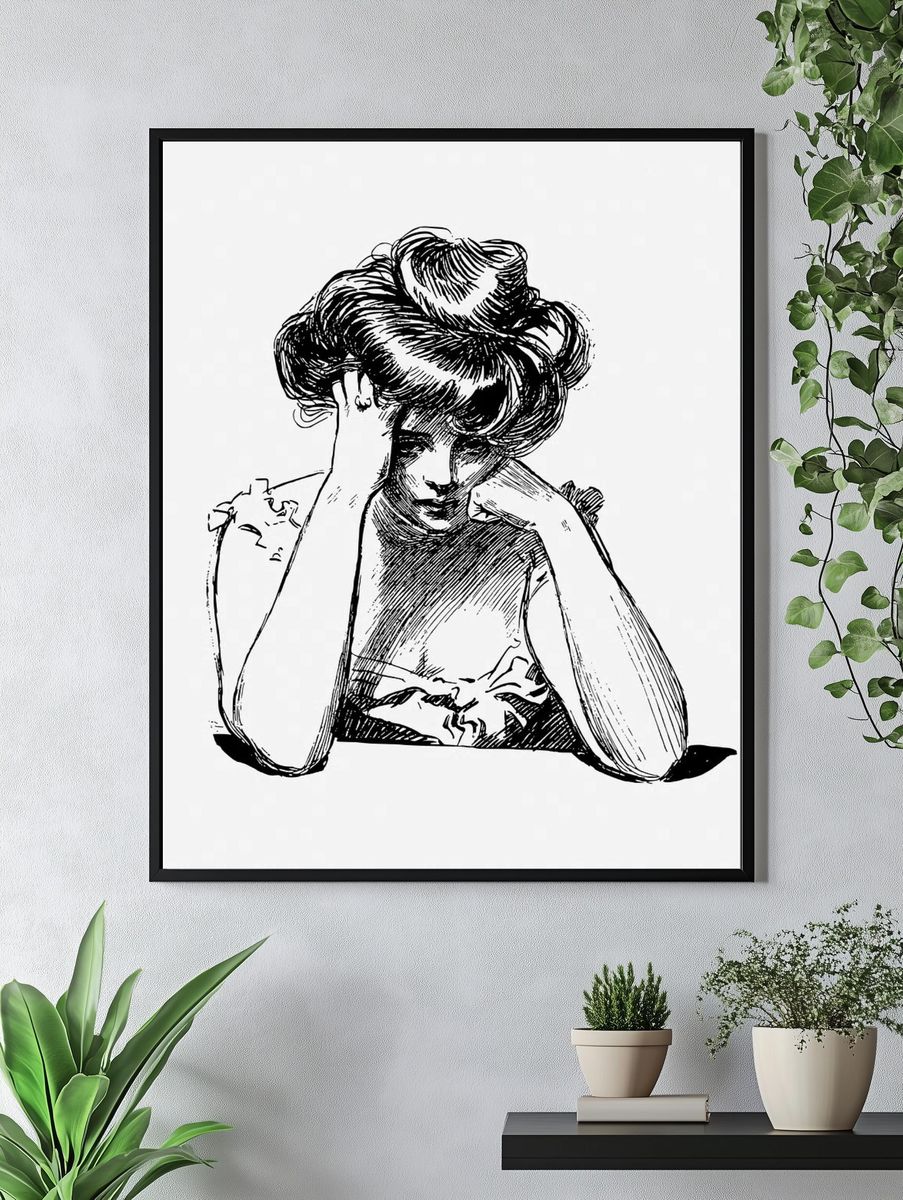 Sad woman drawing, vintage illustration. — room view 4
