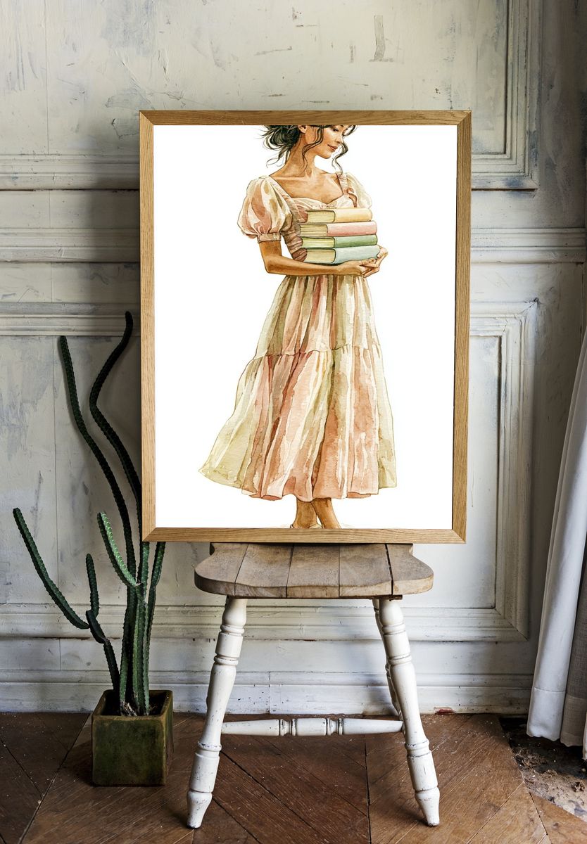 Woman with Books Watercolor Print. room preview