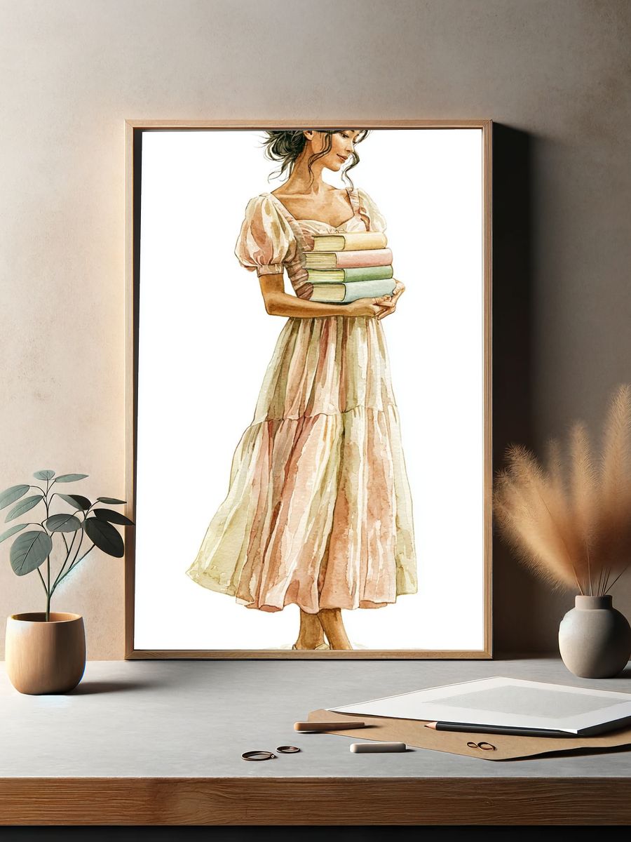 Woman with Books Watercolor Print. — room view 2