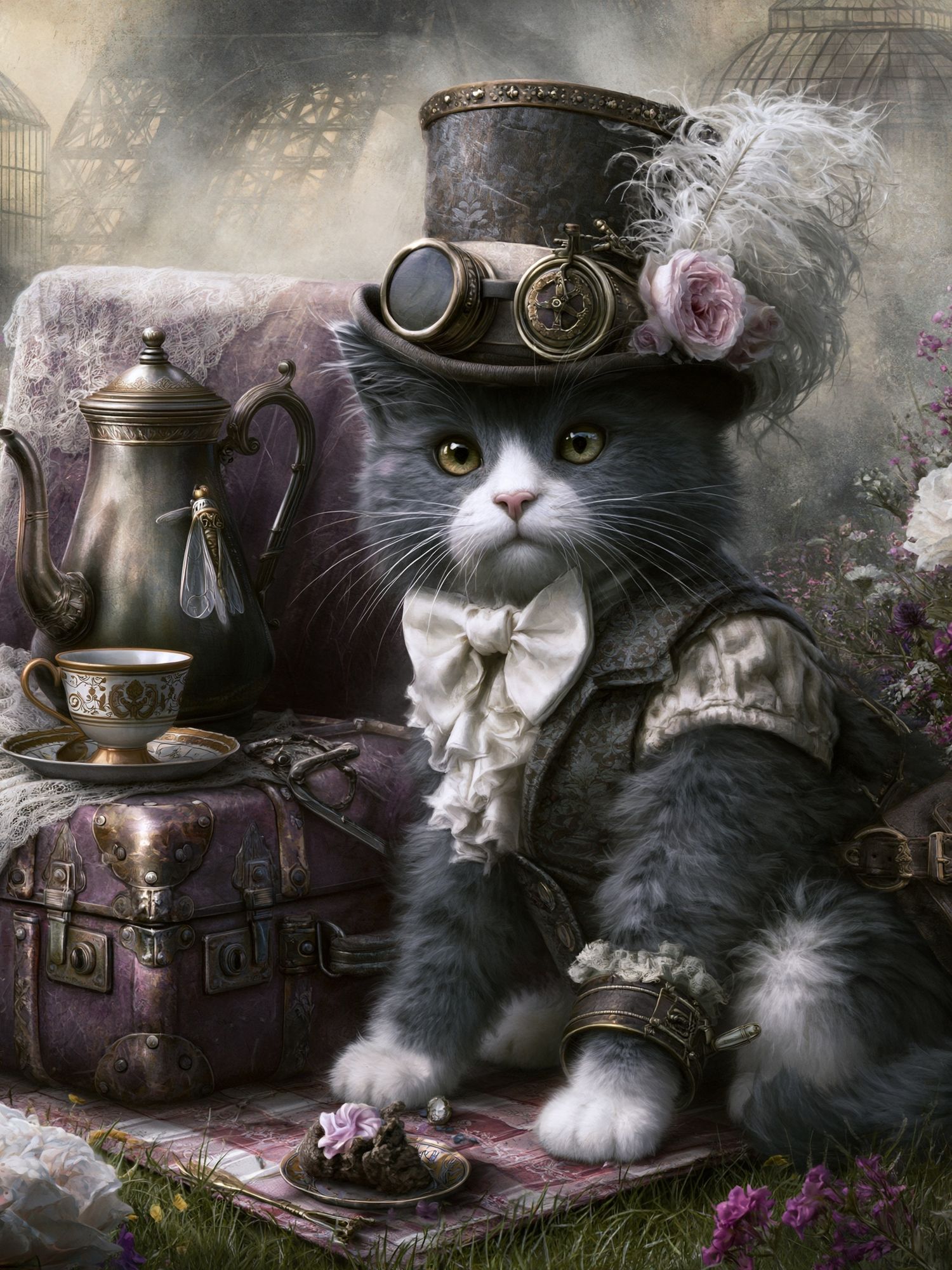 Steampunk Cat Portrait Print. poster — illustration art