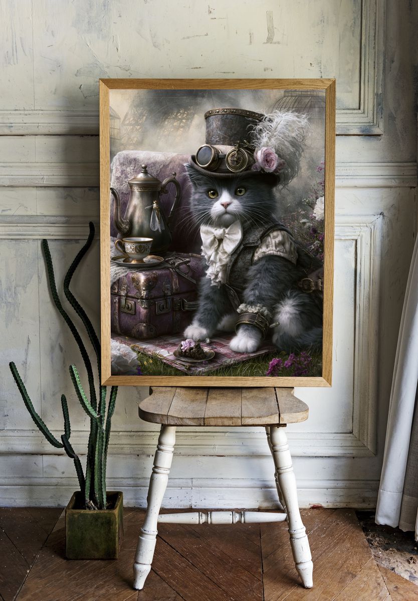 Steampunk Cat Portrait Print. room preview