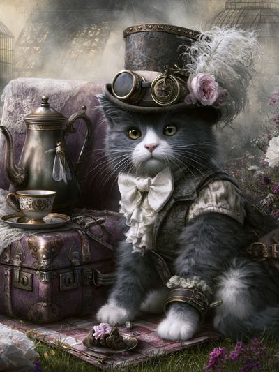 Steampunk Cat Portrait Print. poster