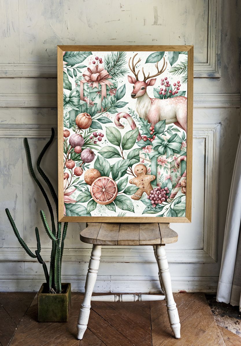 Christmas Deer Watercolor Poster. — room view 1