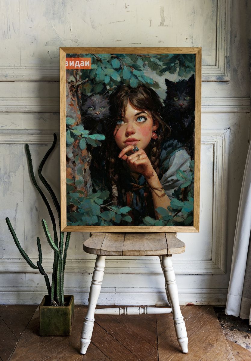 Girl with Black Cats Illustration Poster. room preview