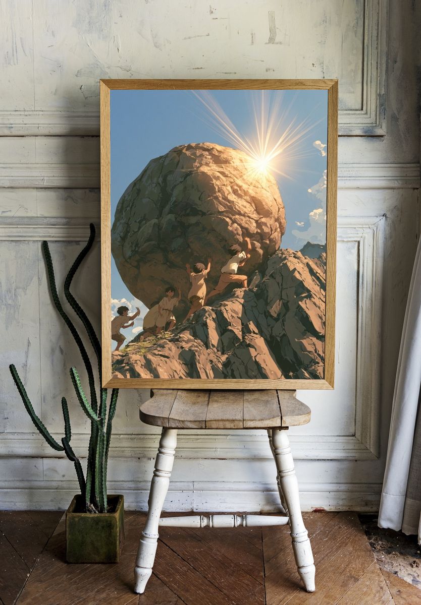 Children Pushing Boulder Illustration Poster. — room view 1