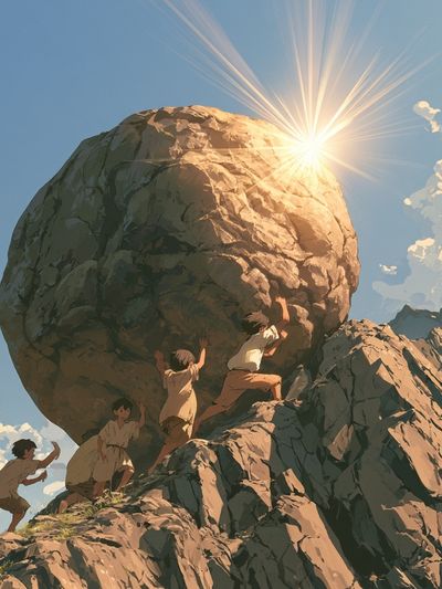 Children Pushing Boulder Illustration Poster. poster
