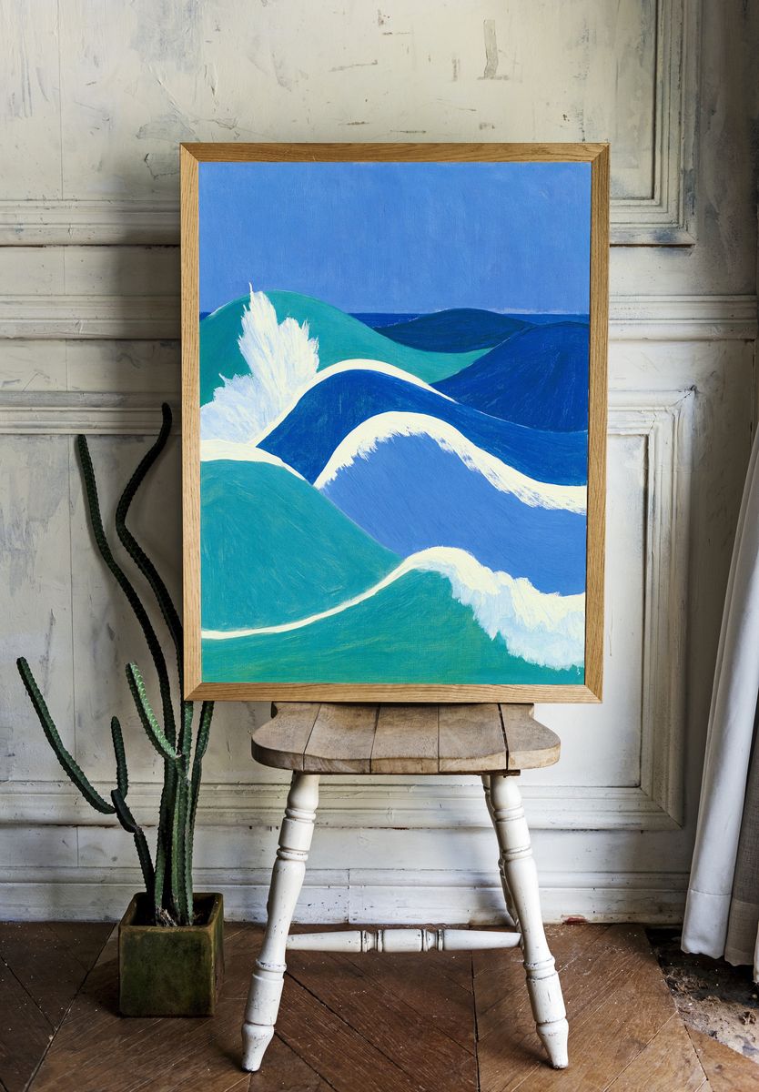 Blue Ocean Waves Illustration Poster. — room view 1