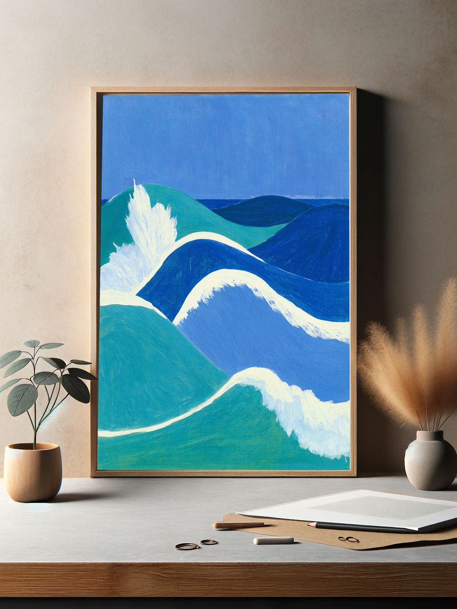 Blue Ocean Waves Illustration Poster. — room view 2