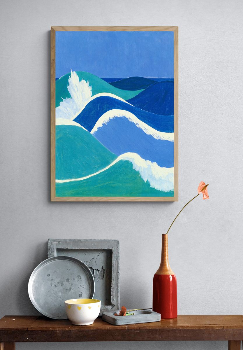 Blue Ocean Waves Illustration Poster. — room view 3