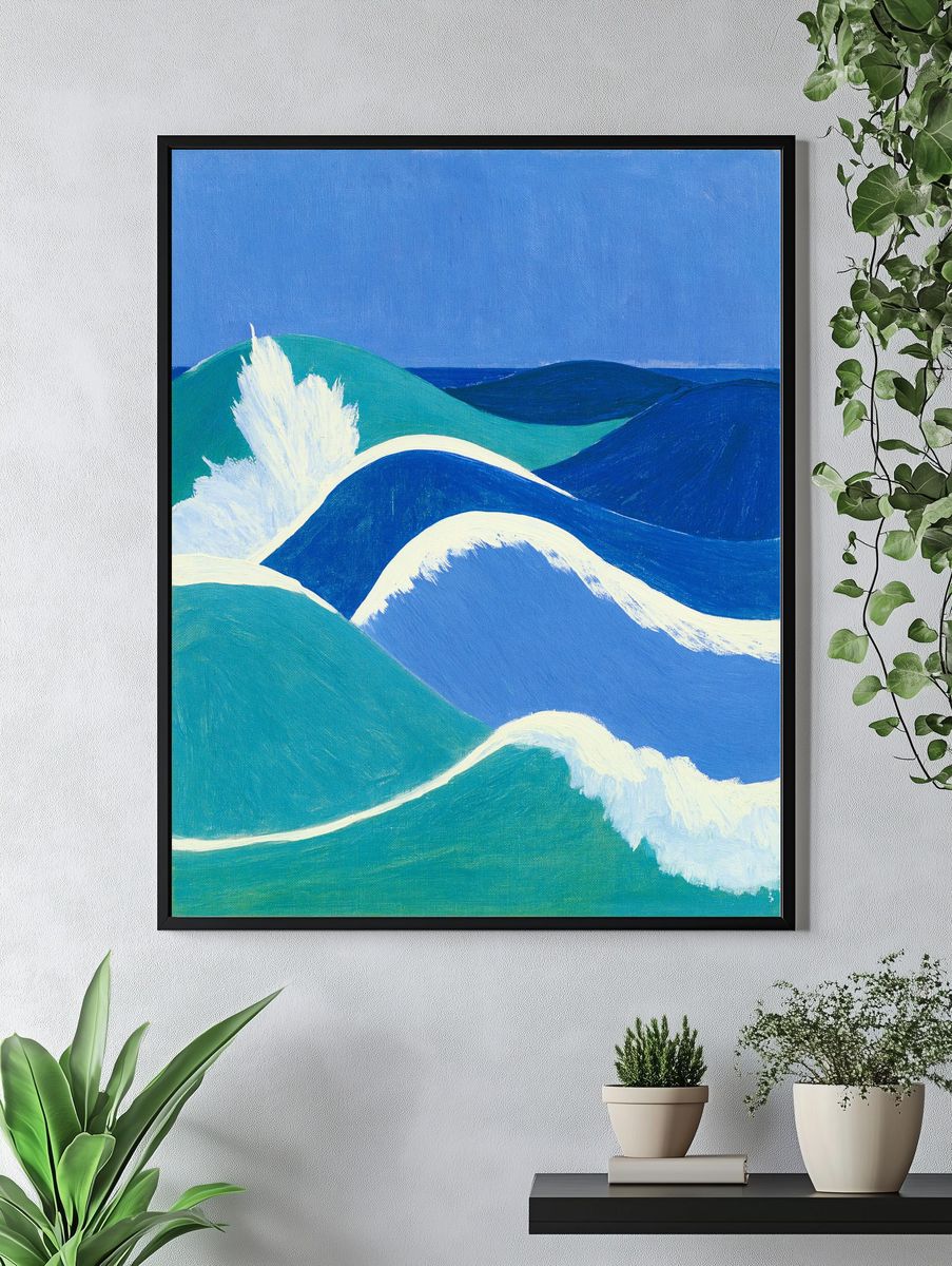 Blue Ocean Waves Illustration Poster. — room view 4