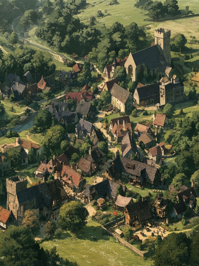Medieval Village Landscape Print. poster detail