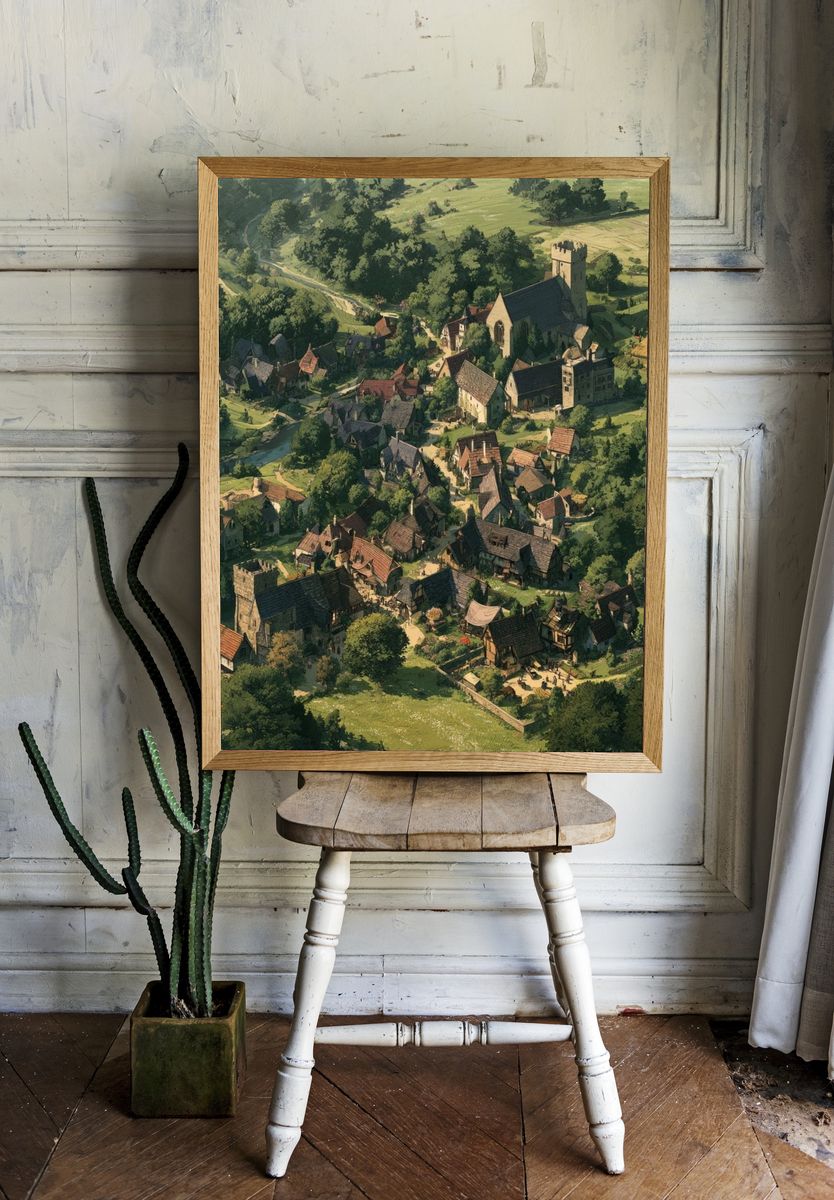 Medieval Village Landscape Print. room preview