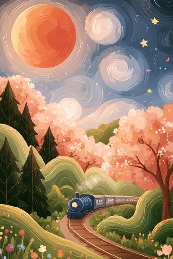 Whimsical Train Landscape Illustration Poster. poster detail