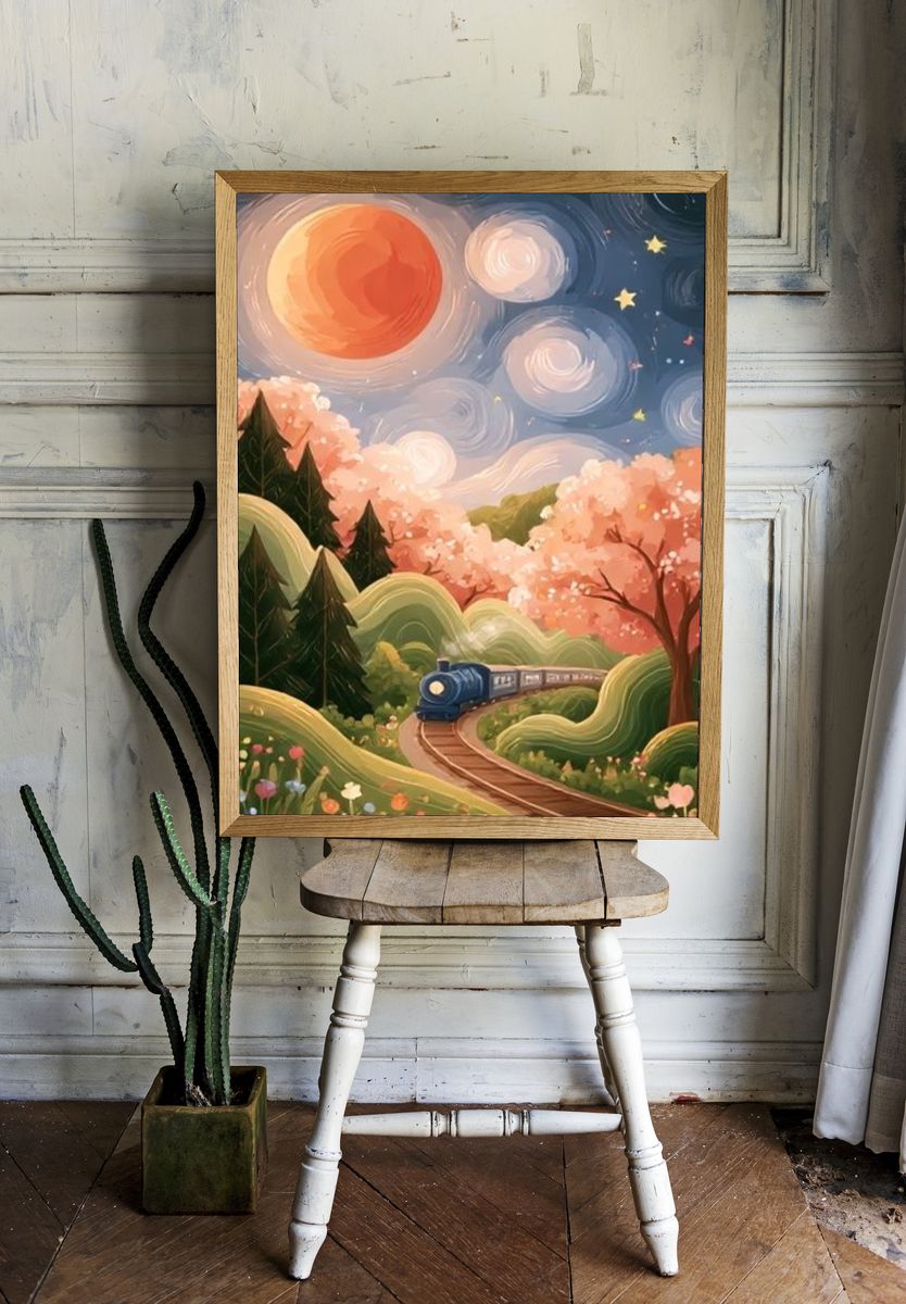 Whimsical Train Landscape Illustration Poster. — room view 1