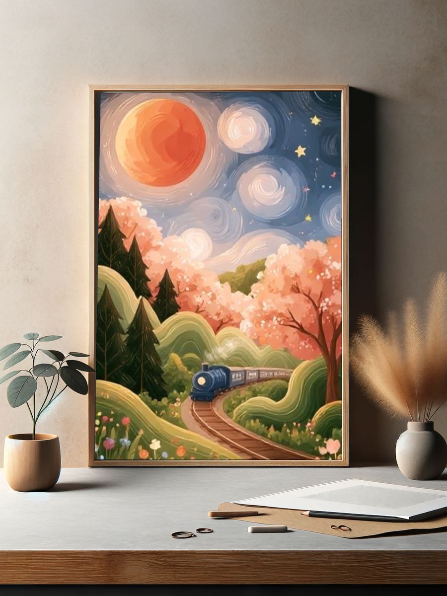 Whimsical Train Landscape Illustration Poster. — room view 2
