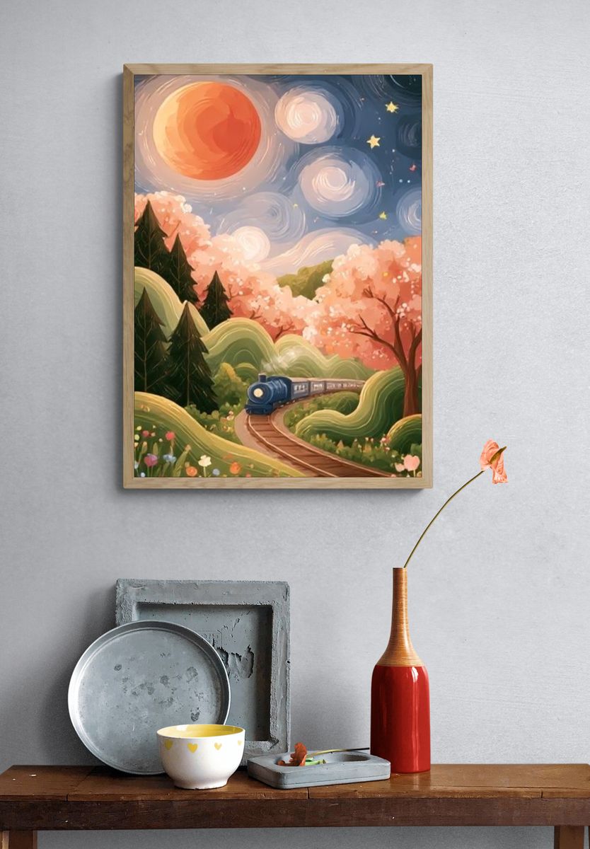 Whimsical Train Landscape Illustration Poster. — room view 3