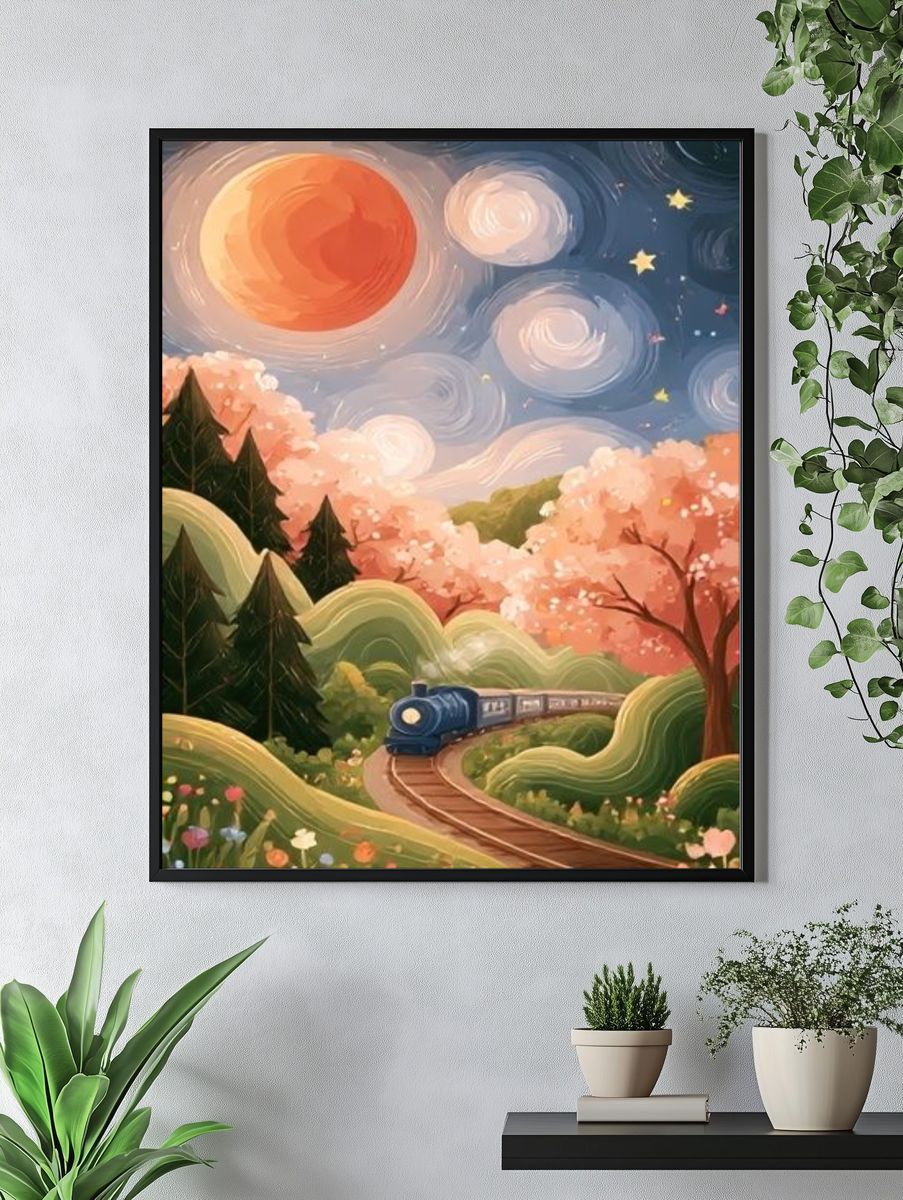 Whimsical Train Landscape Illustration Poster. — room view 4