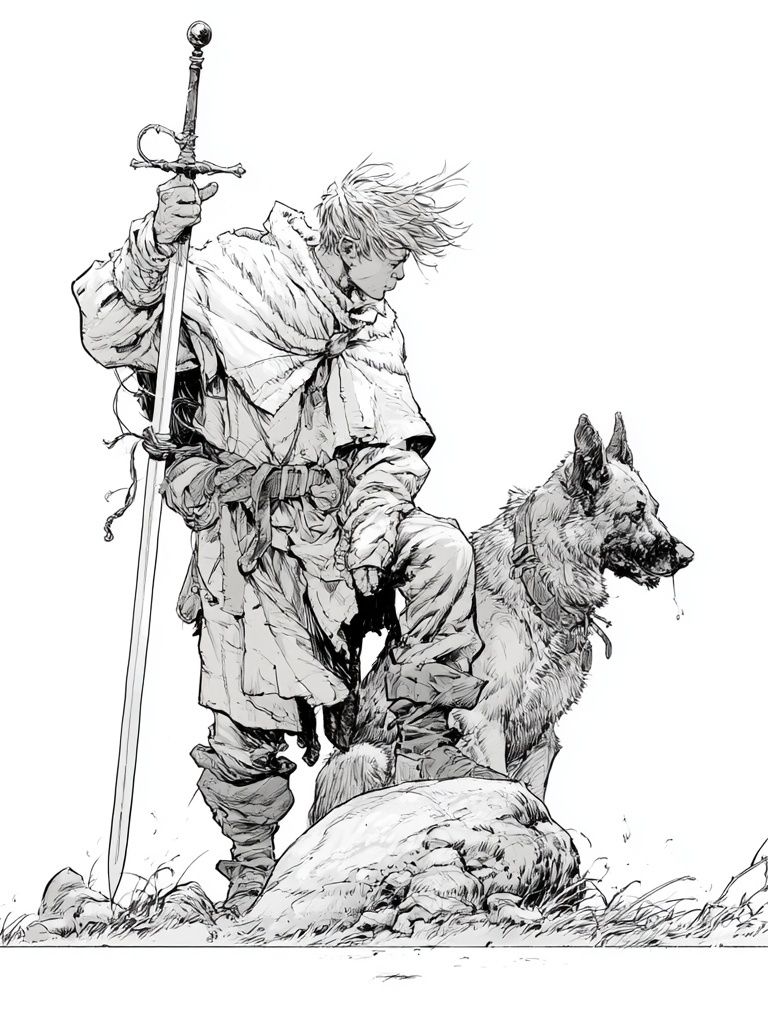 Fantasy Knight and Wolf Ink Print. poster detail